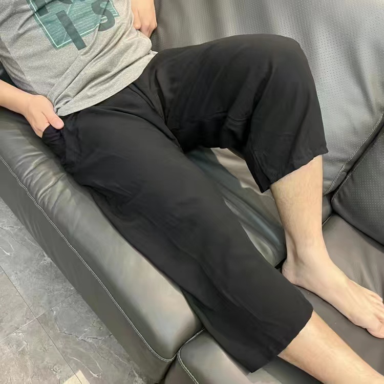 中老年夏季七分裤纯棉绸爸爸睡裤男特大码200斤父亲居家中裤直筒