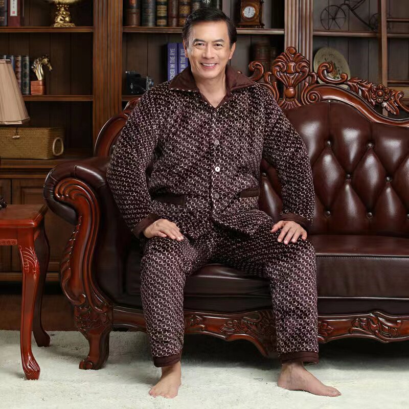 中老年冬天保暖法兰绒夹棉袄男装