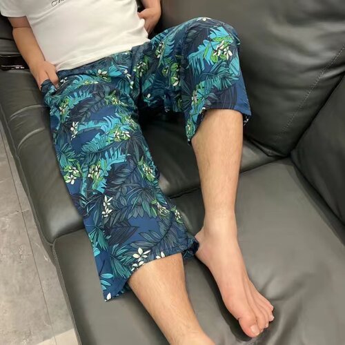 老人夏天七分裤纯棉绸爸爸家居睡裤男加肥大码200斤爷爷高腰中裤