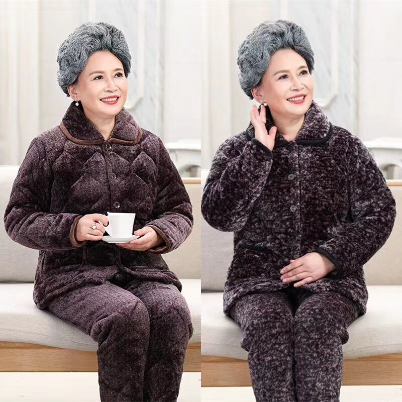 奶奶冬天珊瑚绒夹棉睡衣女超大码