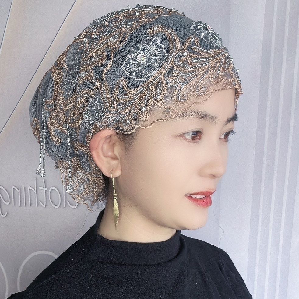 新款刺绣包头帽鱼尾流苏帽双色双层女士时尚头巾帽爆款纱巾套头帽