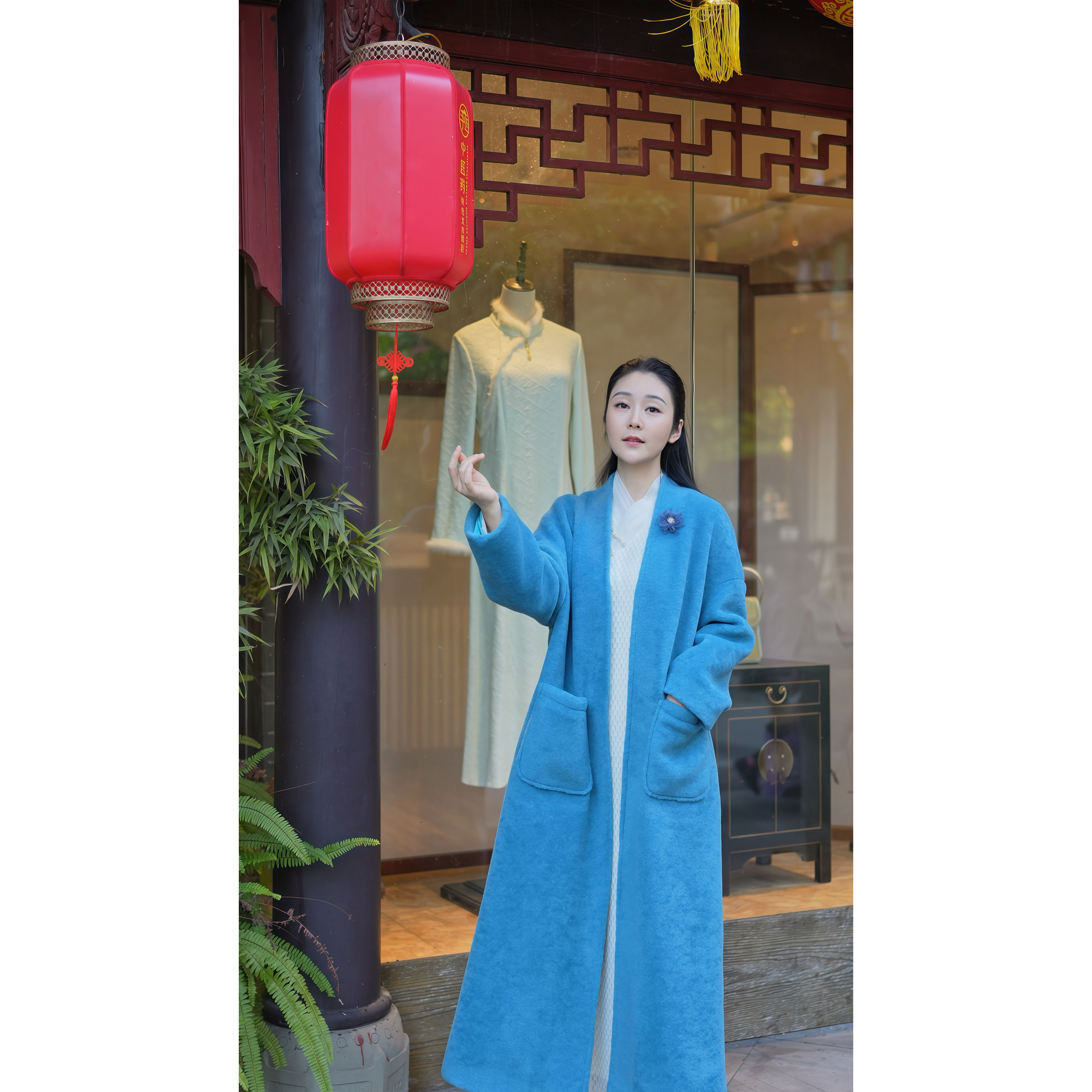 【南亭歌】冬季厚款慵懒风气质孔雀蓝显瘦保暖长款大衣