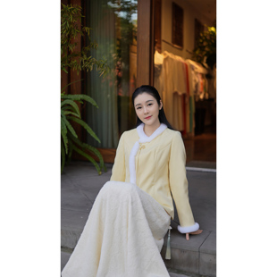 【晚香玉】冬季新中式斜襟鹅黄色气质显瘦短款棉服
