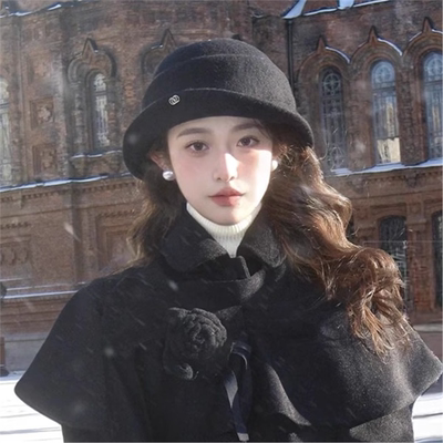 黑色赫本风羊毛千金帽子女