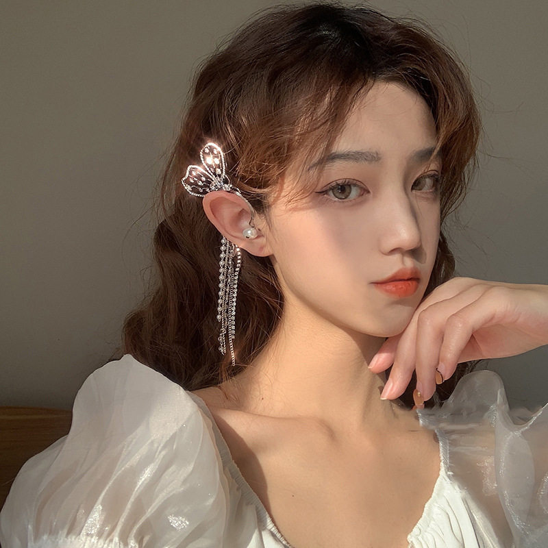 srrmhyn韩国时尚个性耳环珍珠水晶镶钻蝴蝶左耳单只耳挂网红气质