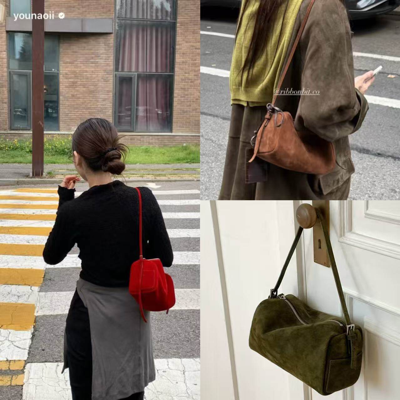 韩国小众Ribbon牛皮笔筒包hobo腋下包羊京绒枕头包简约通勤包包