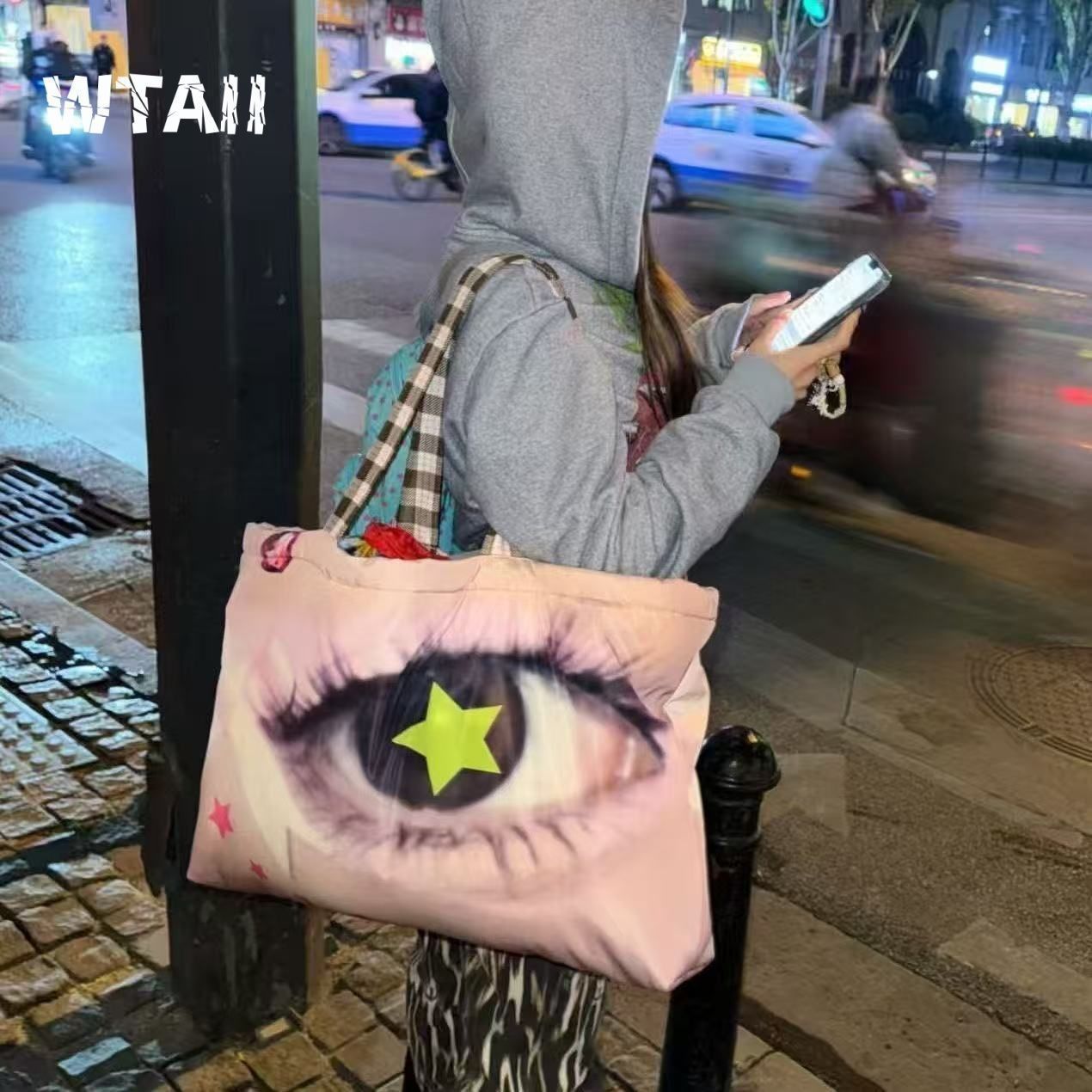 小众设计感大眼睛印花帆布包 个性星星眼单肩托特包