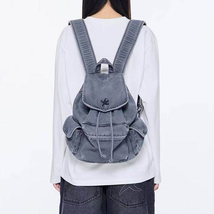 TYGA 韩国水洗做旧牛仔双肩包海星多口袋休闲背包大容量学生书包