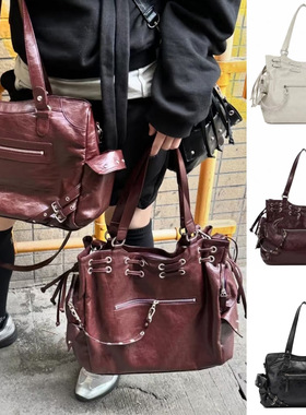 Deinet韩国小众托特包大号抽绳大容量机车包铆钉手提单肩斜挎包女