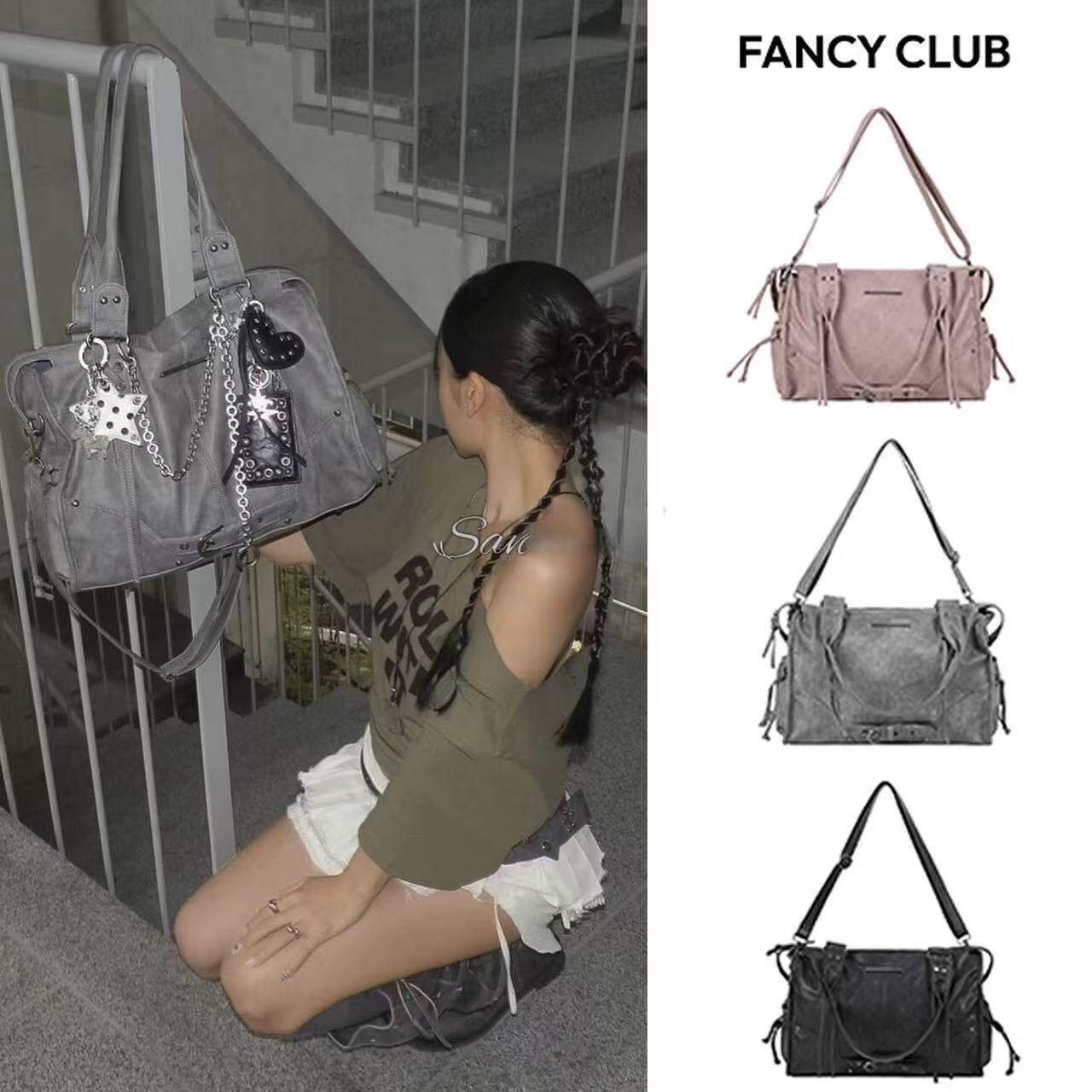 5色现货FANCY CLUB大容量复古单肩托特包铆钉绑带机车手提包