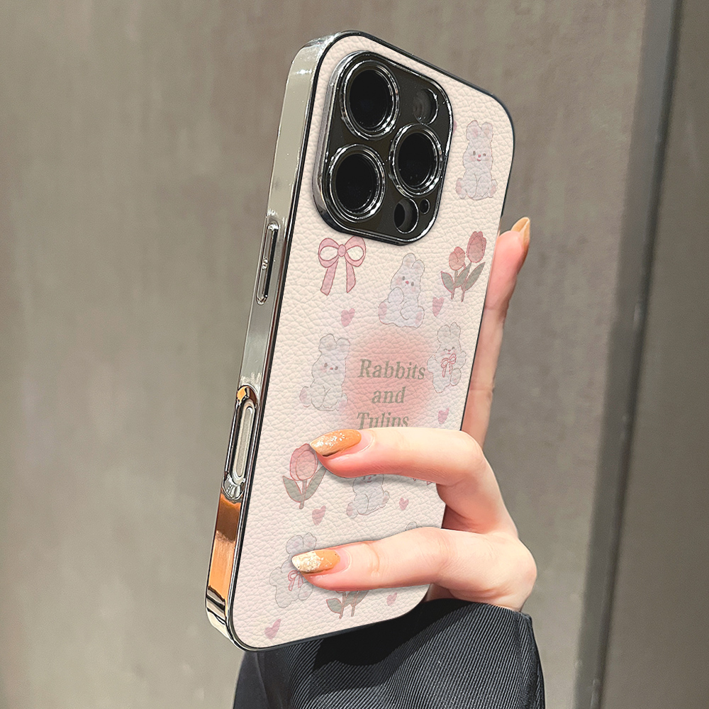 粉花小兔适用苹果16promax手机壳iPhone17pro新款15防摔14皮质13男12xsmax女款11iphonexr情侣3se2套x78plus