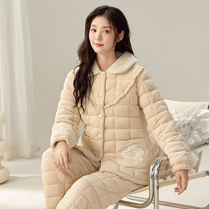 妙泊姿睡衣女加厚珊瑚绒夹棉套装