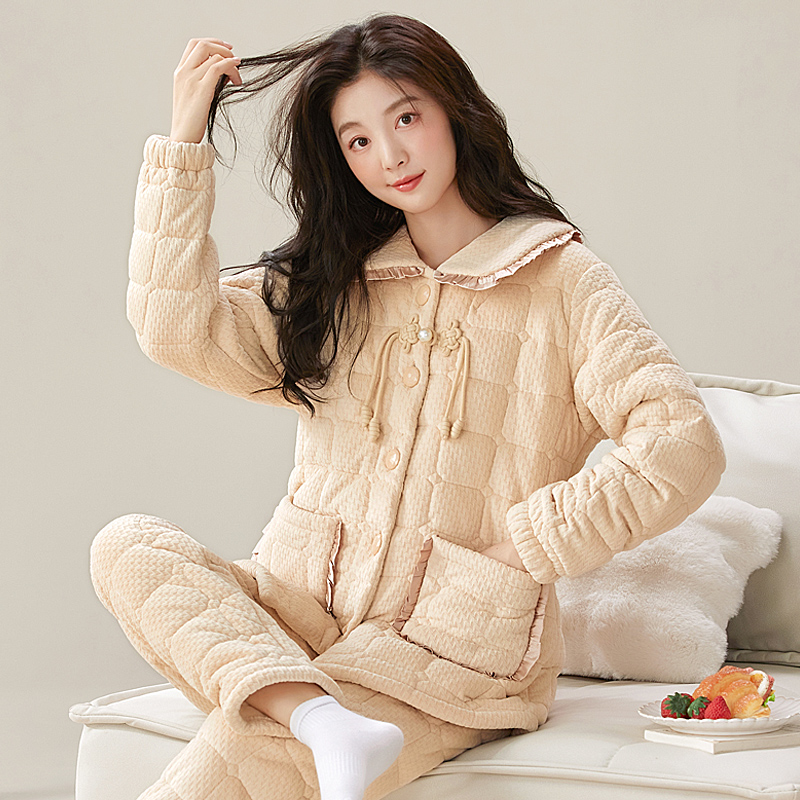 妙泊姿睡衣女加厚珊瑚绒夹棉套装