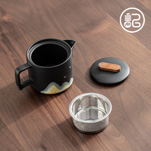 记今朝【带过滤网】国潮文创黑陶侧把泡茶壶单壶陶瓷功夫茶具茶器