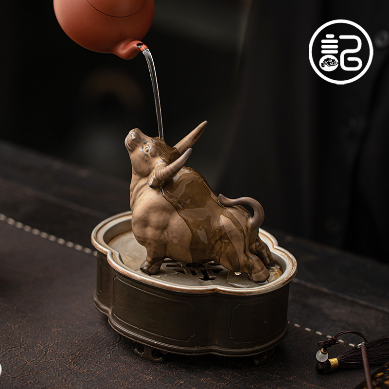 记今朝【牛气冲天】复古中式创意陶瓷牛生肖茶宠摆件茶盘茶几装饰,餐饮具,茶宠摆件,淘宝优惠券,粉丝福利购,淘宝优惠卷