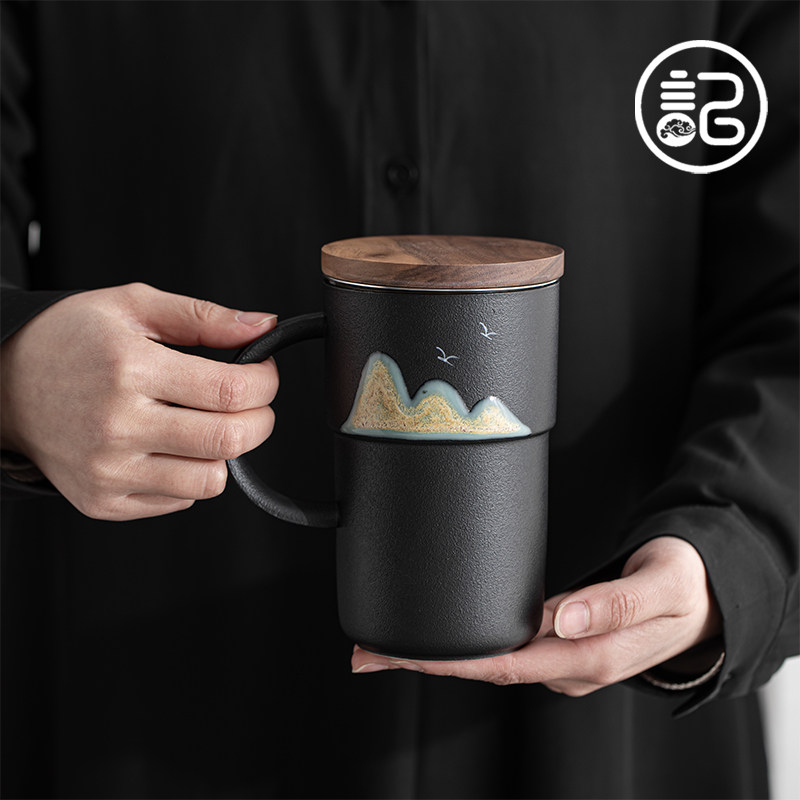 记今朝《大容量》胡桃木盖 茶杯茶水分离陶瓷泡茶杯水杯生日礼物