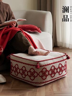 澜品『红装』立体绣花绒感国潮蒲团坐墩客厅墩子坐垫凳沙发垫凳子