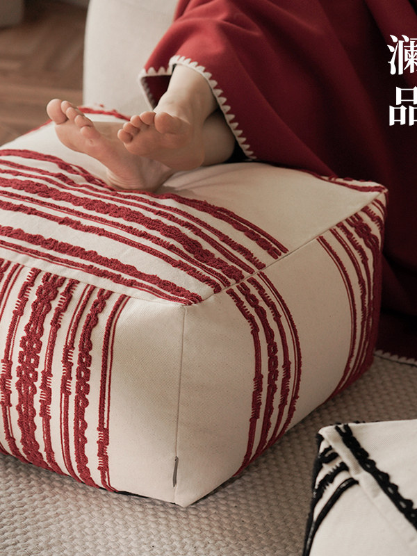 澜品『朱颜』红色回纹绣花可拆洗坐墩客厅墩子蒲团坐垫沙发垫凳子