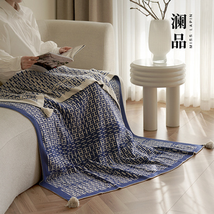 澜品『凝星』国潮青花流苏纯棉针织毯四季毛线毯午睡盖毯沙发毯子