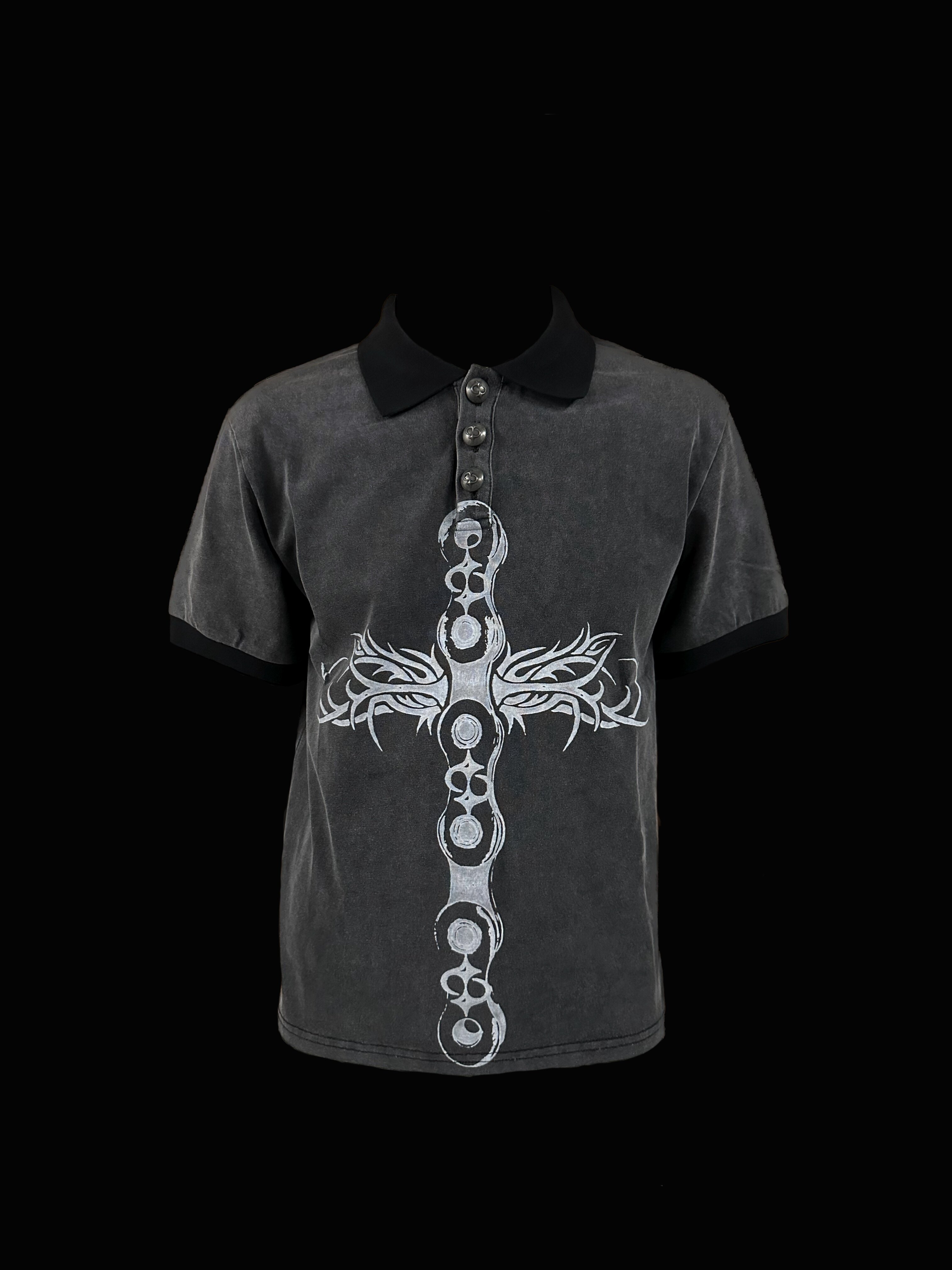 LE LOSANGE新款火花单车链图腾白墨印花做旧纯白polo衫短袖日常