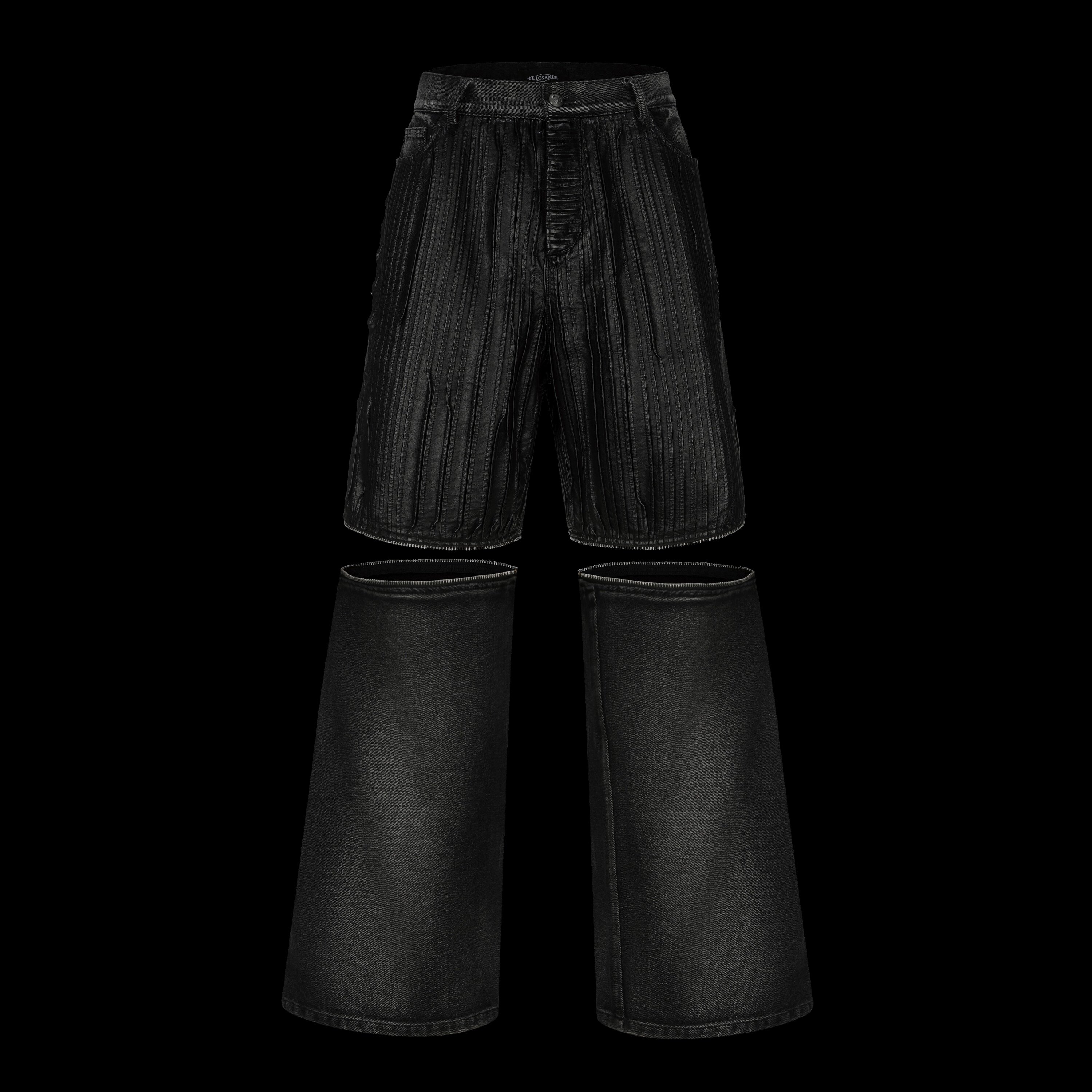 LE LOSANGE LEATHER DENIM PLISSE 牛仔皮拼接长短裤二合一