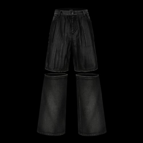 LE LOSANGE  LEATHER DENIM PLISSE 牛仔皮拼接长短裤二合一