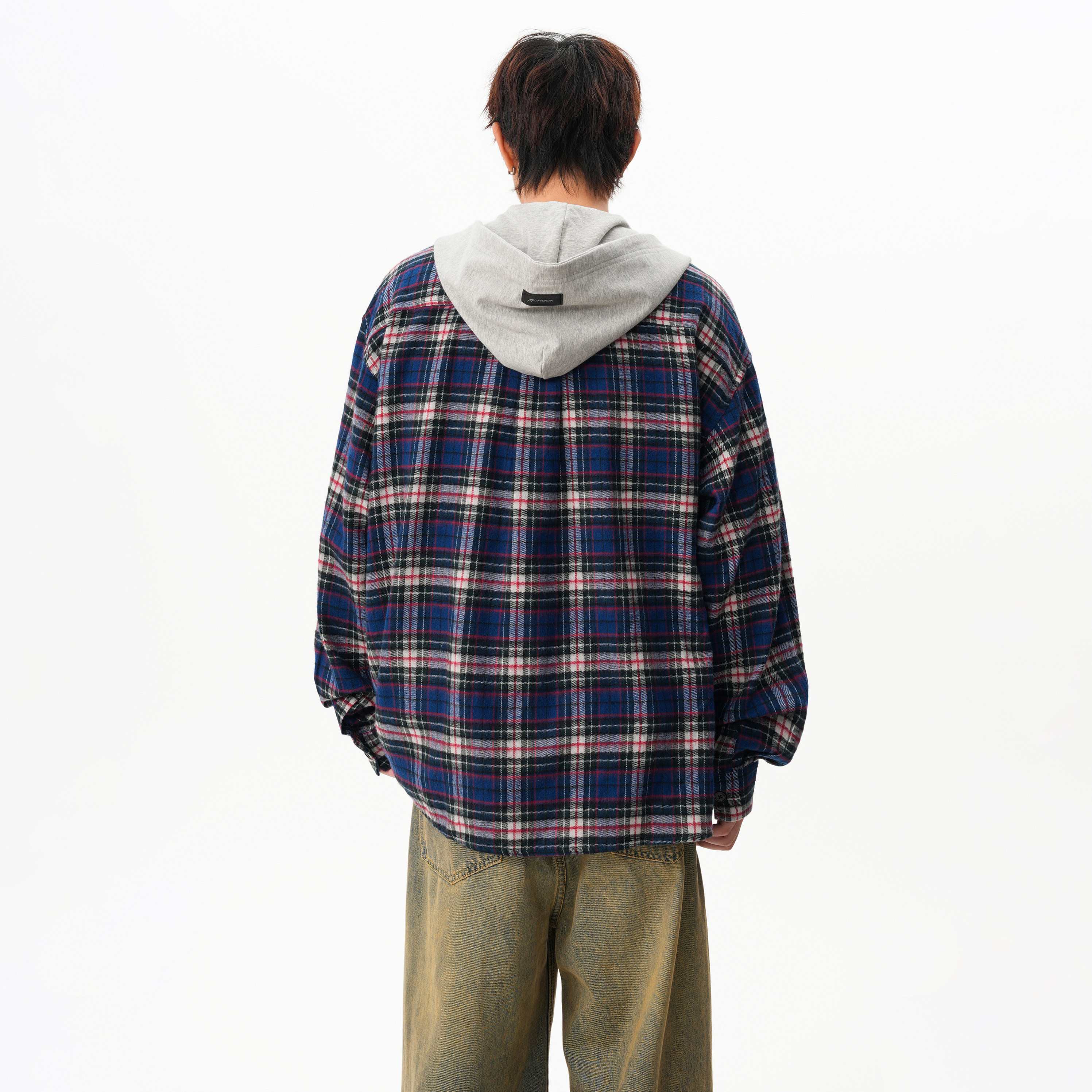 25秋季新款街头撞色蓝色格纹连帽长袖衬衫外套1308ZCS6013P50,男装衬衫,星座1308