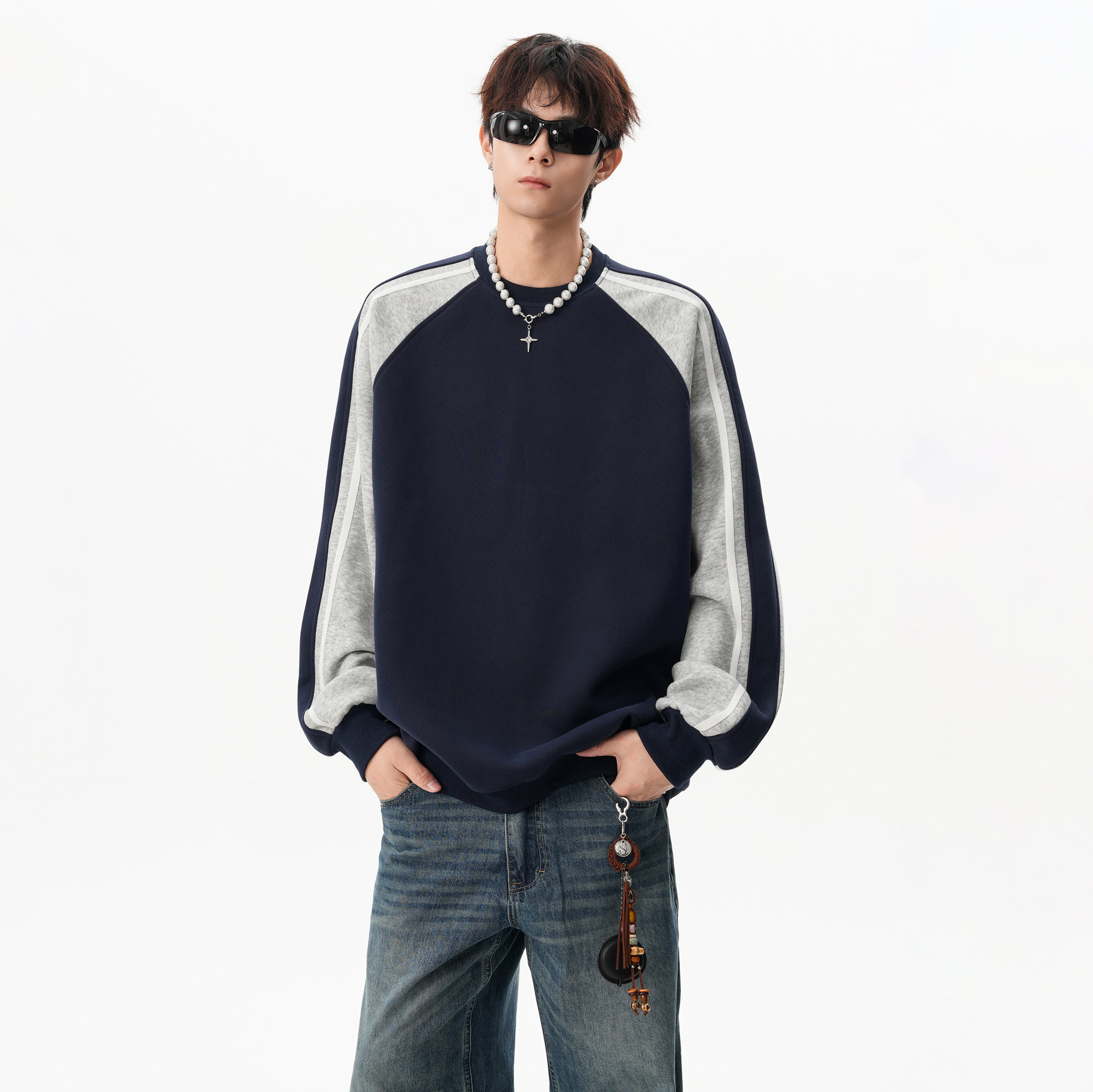 25秋新款校园风圆领条纹重磅卫衣宽松中性ZWY92P68，男装卫衣，星座1308