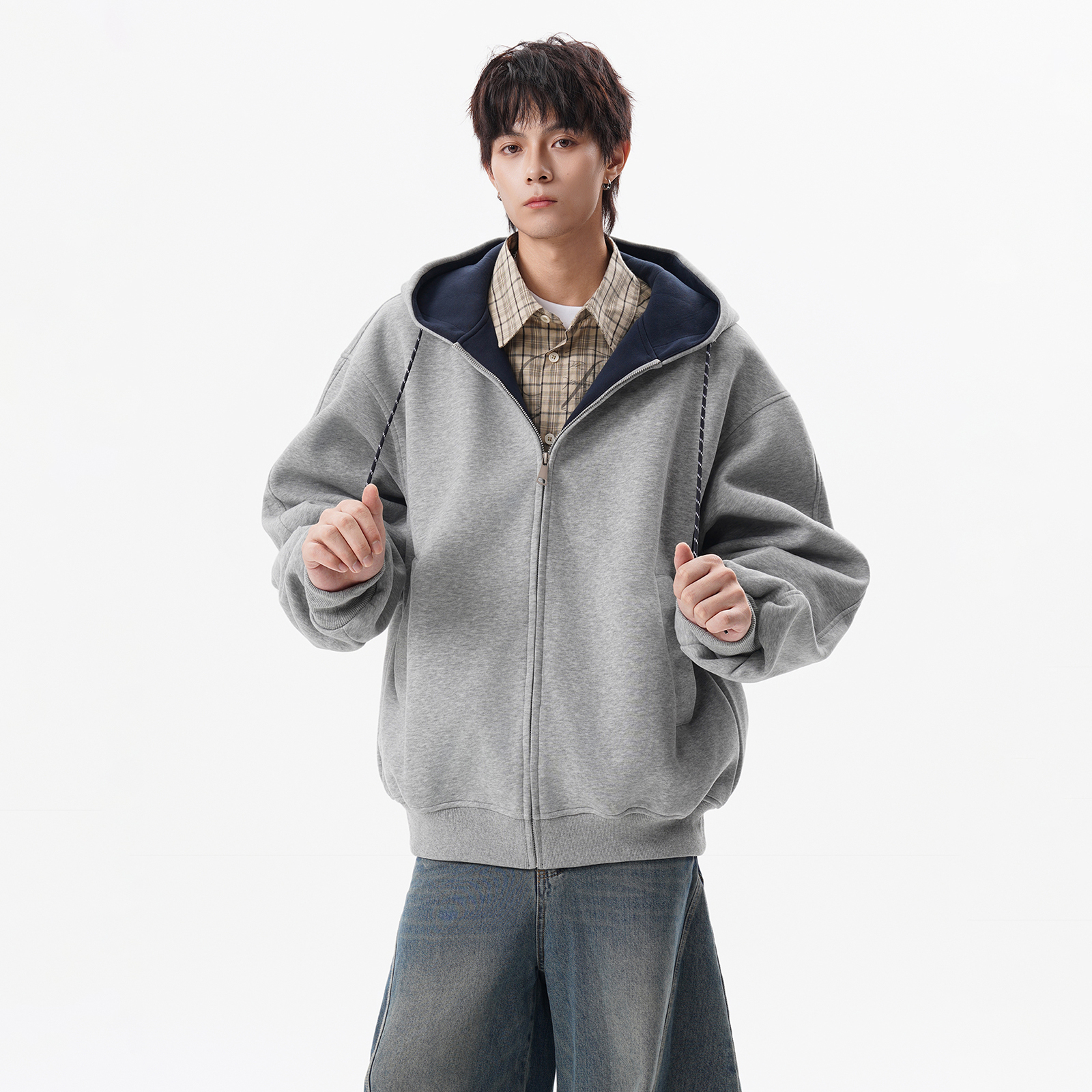 400G重磅撞色连帽开衫外套P65，女装短外套，星座1308