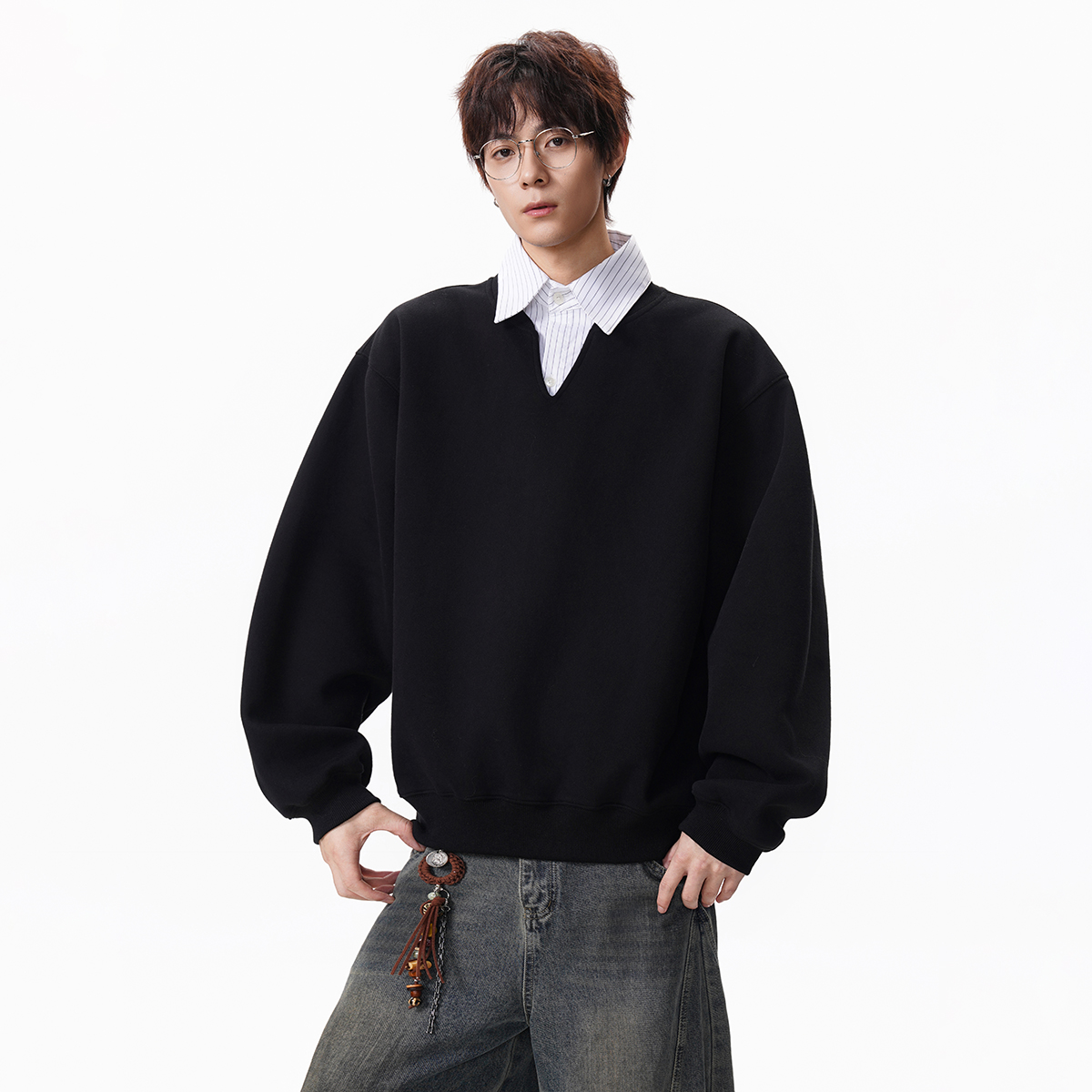 条纹假两件卫衣ZWY110P50，男装卫衣，星座1308