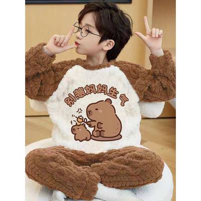 男童睡衣2025新款今年流行爆款冬卡皮巴拉男童睡衣秋冬季珊瑚绒加