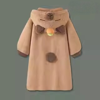 睡衣秋冬女款可爱卡皮巴拉加厚珊瑚绒长款睡袍冬季保暖大码家居服