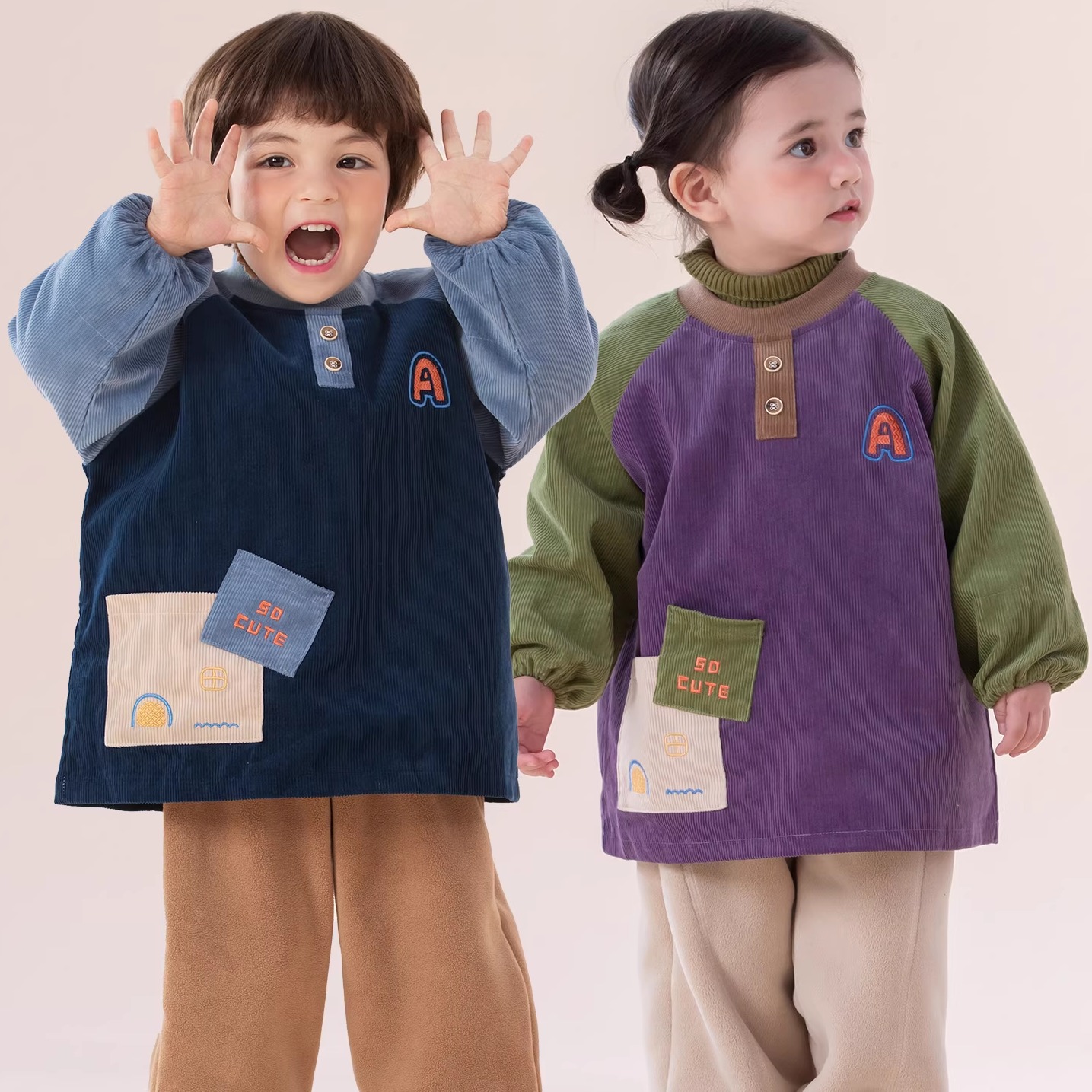 儿童罩衣可外穿洋气年轻款防水吃饭围兜儿童羽绒服防脏倒褂反穿衣