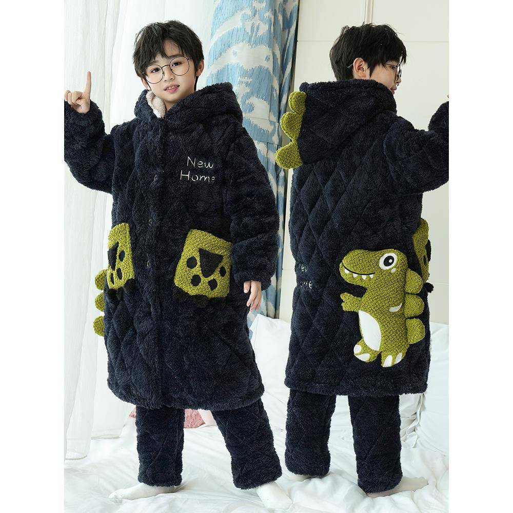 冬季儿童睡衣三层加厚夹棉睡袍小男孩中大童珊瑚绒保暖家居服套装