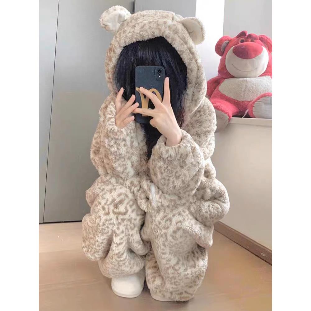 冬季睡衣秋女款2025新款珊瑚绒加绒加厚男款豹纹连体衣情侣家居服