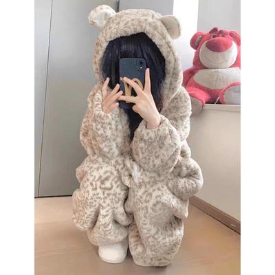 冬季睡衣秋女款2025新款珊瑚绒加绒加厚男款豹纹连体衣情侣家居服