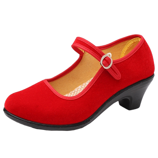 大红色老北京布鞋女单鞋表演礼仪广场舞红色高跟鞋一字扣带妈妈鞋