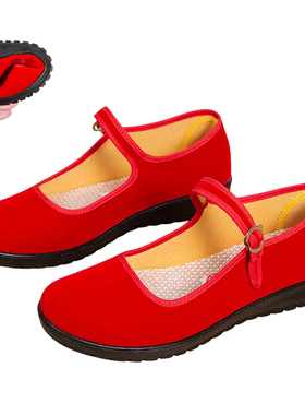 老北京布鞋女平底红色广场舞鞋拉带礼仪民族风大红布跳舞表演鞋