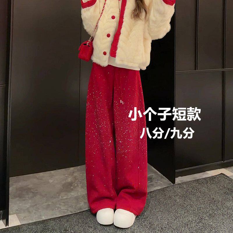 超火的红色亮片闪闪阔腿卫裤女图片
