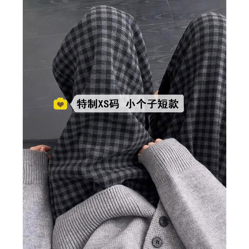 145窄版显高黑色毛呢格子阔腿裤