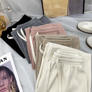 150小个子韩系松紧腰羊绒针织阔腿裤 女秋冬145百搭垂感直筒休闲裤