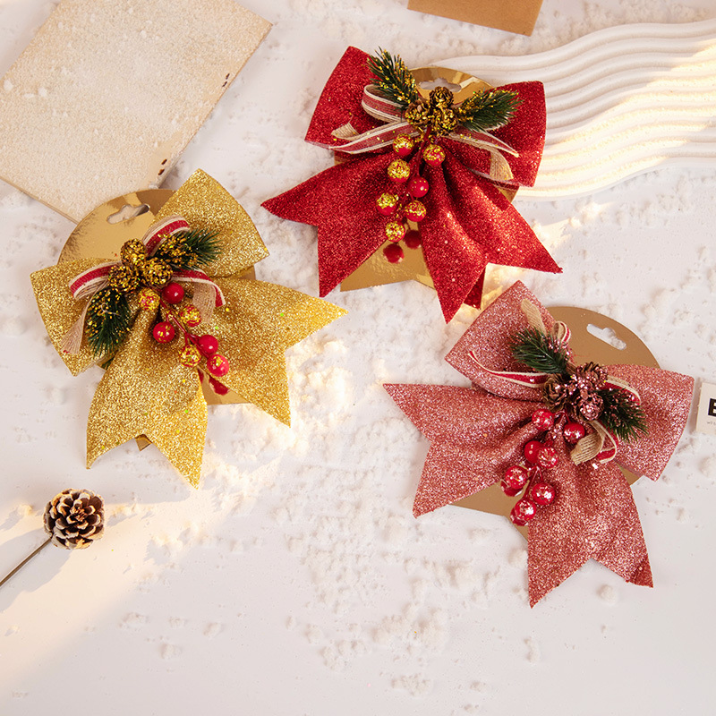 圣诞节装饰蝴蝶结金粉松果配饰节日气氛用品圣诞树挂件场景布置