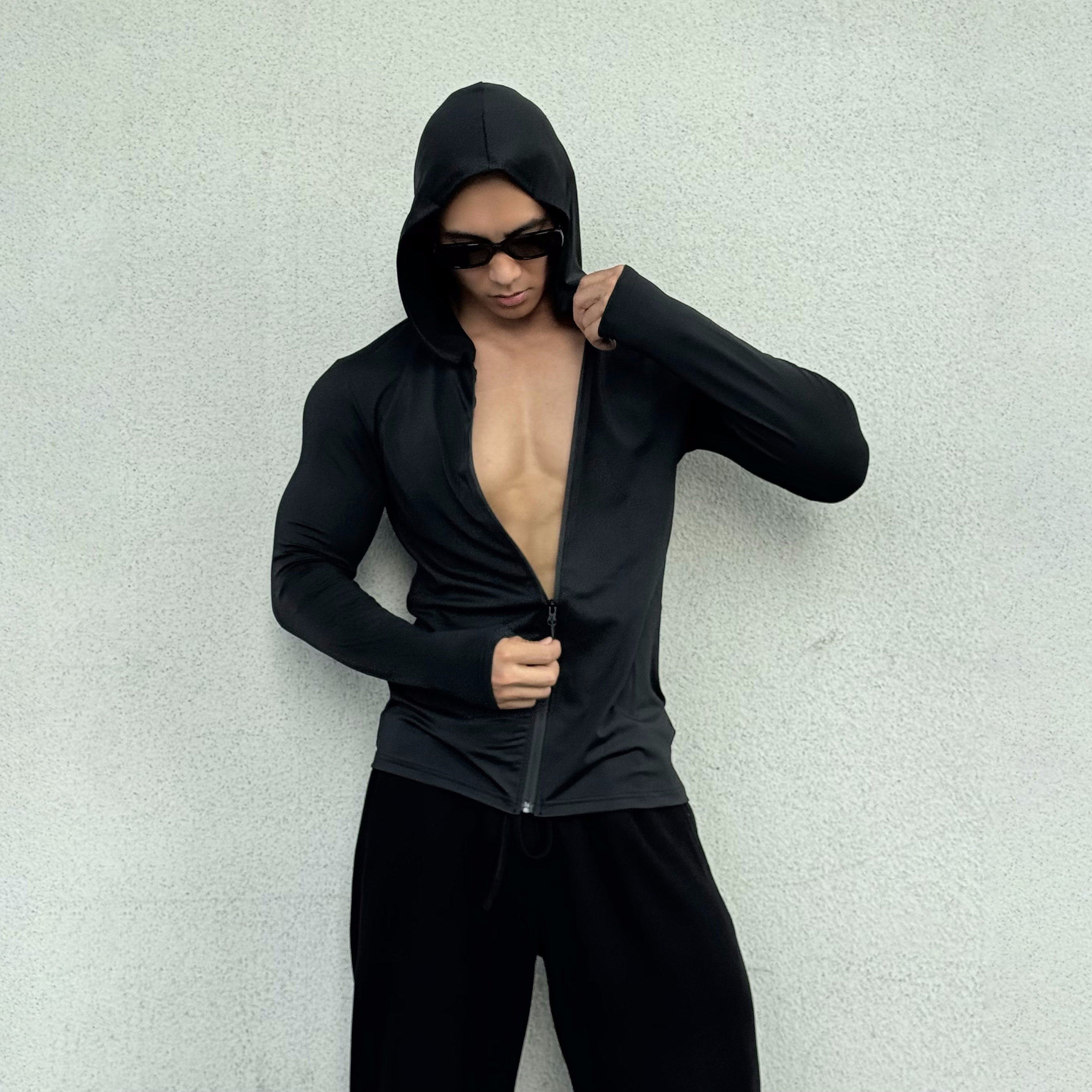 秋季骑行拉链连帽衫显型高弹