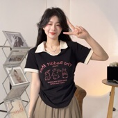 2026新款 黑色印花打底衫 修身 POLO领T恤女夏季 百搭简约短袖 上衣ins