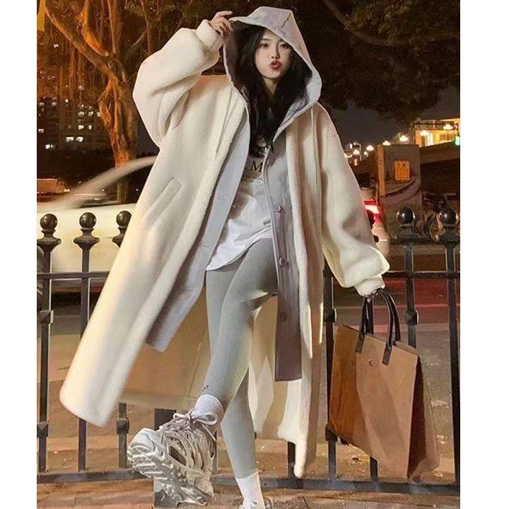 假两件连帽外套女秋冬季新款宽松加厚高级感中长款羊羔毛绒大衣