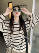 T恤女上衣 长袖 设计感小众开叉条纹打底衫 女内搭春秋宽松卫衣大码