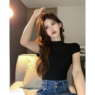 百搭修身 黑色半高领T恤女夏季 简约基础款 紧身短袖 上衣 内搭打底衫