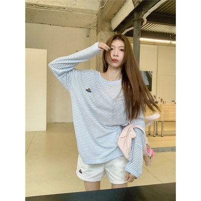 条纹休闲长袖T恤女夏季2024