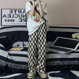 白鹿同款棋盘格裤子女春款高腰显瘦休闲直筒裤宽松黑白格子阔腿裤