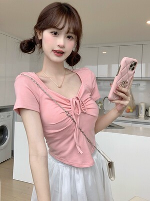 V领抽绳甜辣短袖T恤女夏季